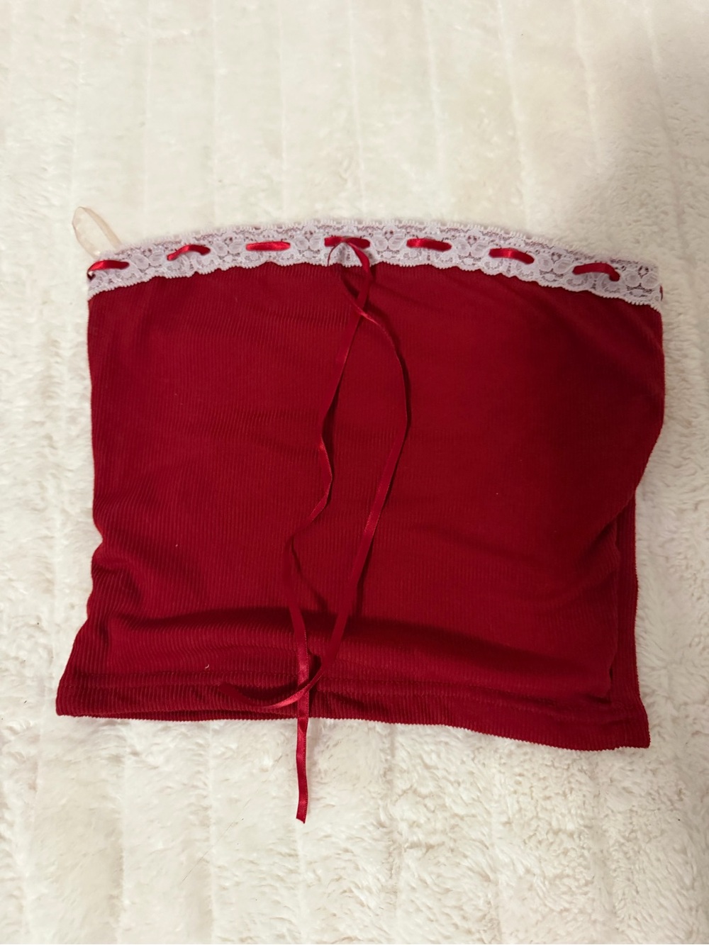 Red Lace-Trim Ribbed Tube Top with Front Bow